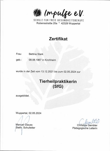 Ich bin zertifizierte Tierheilpraktikerin (Impulse e. V.) und habe zusätzliche Qualifikationen als Ernährungsberaterin für Hunde und Katzen, Ich bin zertifizierte Tierheilpraktikerin (Impulse e. V.) und habe zusätzliche Qualifikationen als Ernährungsberaterin für Hunde und Katzen,