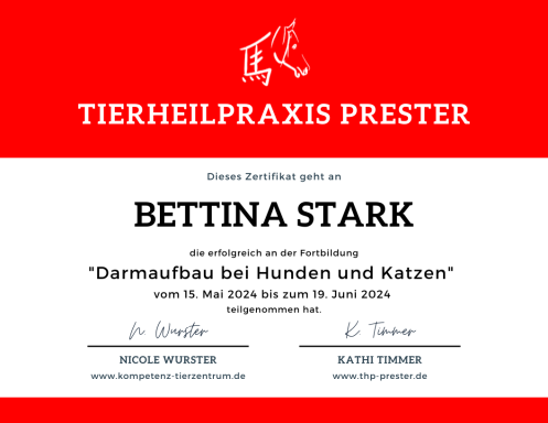 Ich bin zertifizierte Tierheilpraktikerin (Impulse e. V.) und habe zusätzliche Qualifikationen als Ernährungsberaterin für Hunde und Katzen, Ich bin zertifizierte Tierheilpraktikerin (Impulse e. V.) und habe zusätzliche Qualifikationen als Ernährungsberaterin für Hunde und Katzen,